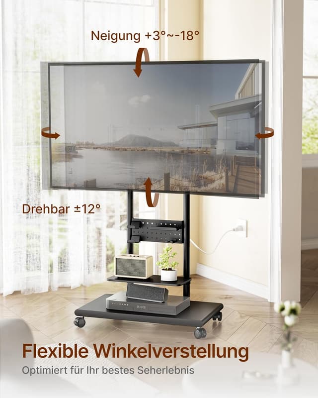 Detalle 2 de ECOTINY TV Ständer Rollbar mit Ablagefächern – höhenverstellbar, dreh- und neigbar, VESA bis 600 x 400 mm