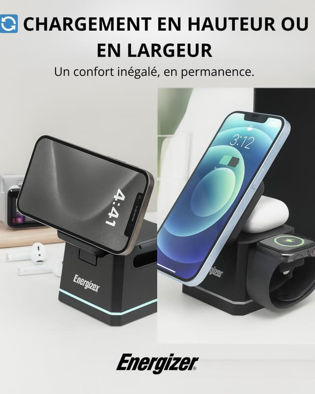 Thumbnail 6 de Energizer WCP307 chargeur de bureau 3-en-1 sans fil 15 W avec MagSafe, support pliable et hauteur réglable