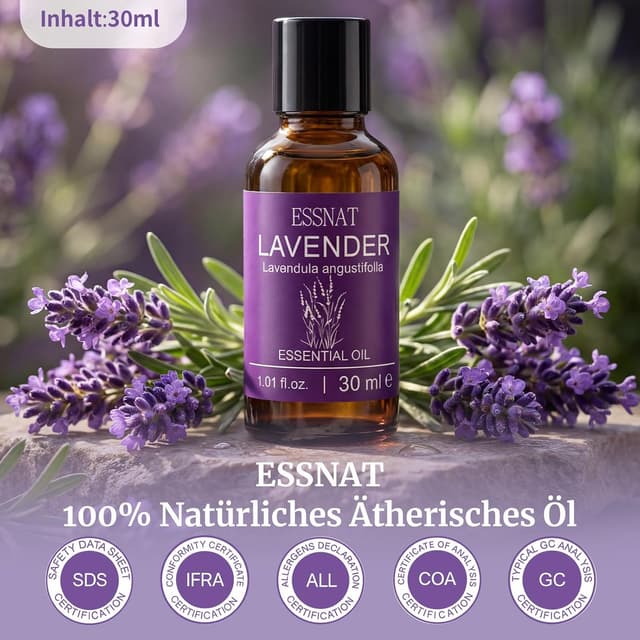 Detalle 2 de ESSNAT Olio Essenziale di Lavanda 30 ml, 100% naturale per aromaterapia, diffusore, massaggi e DIY