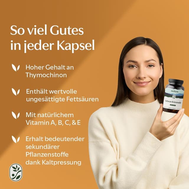 Detalle 2 de nedura® Schwarzkümmelöl Kapseln (400 Stück) – kaltgepresst, gefiltert, 1.000 mg Tagesdosis in veganer Kapselhülle