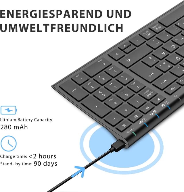 Detalle de iClever BK10 Bluetooth Tastatur mit 3 Geräten, wiederaufladbar und deutschem QWERTZ