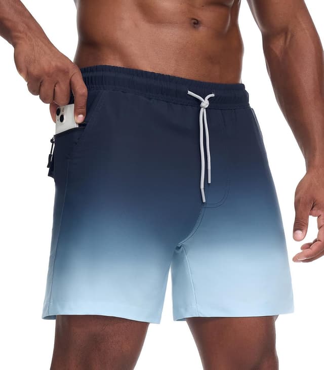 Detalle de Danfiki men’s 2 in 1 swimming shorts with mesh compression liner, zipper pockets & gradient quick-dry