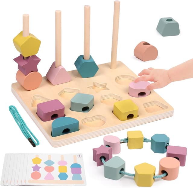 Detalle de wotoyd Montessori Steckspiel & Fädelspiel aus Holz (ab 3–5 Jahren) – 3-in-1 Lernspielzeug