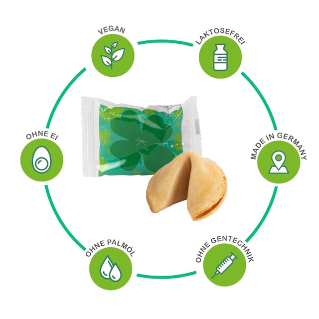 Detalle de FOOD crew 12 Glückskekse „Viel Glück“ – vegane Glückskekse als kleines Geschenk für Familie, Freunde & Kollegen