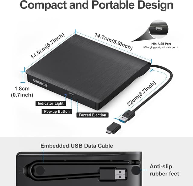 Thumbnail 5 de ORIGBELIE Lector CD DVD Externo USB 3.0 📀