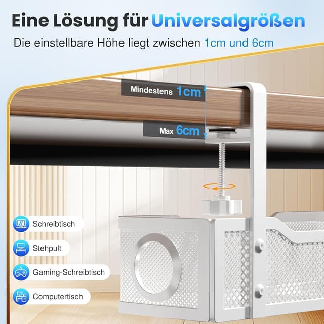 Detalle de Cinati Kabelmanagement-Ablage unter dem Schreibtisch – ohne Bohren (Weiß, 34 cm, 2er-Set)
