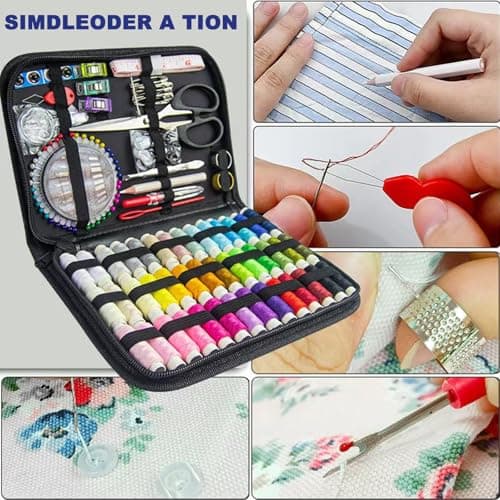 Detalle de JUNING kit de costura XL con estuche de transporte y 42 carretes para viajes y emergencias