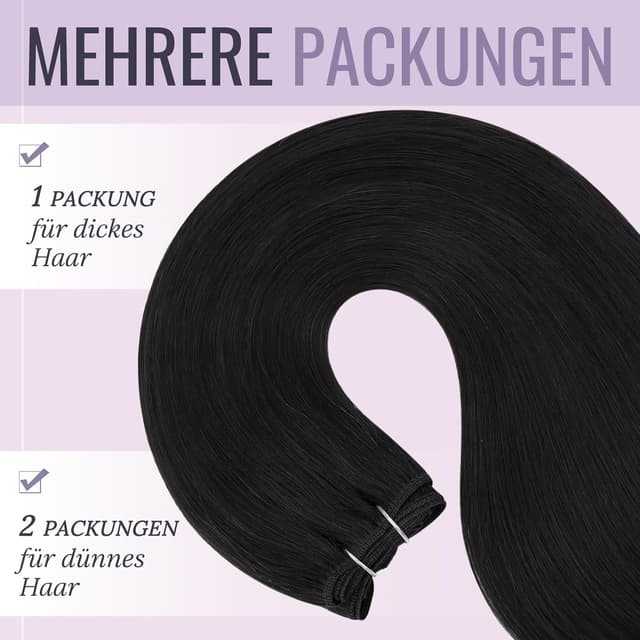 Detalle 2 de Fshine Echthaar-Haarverlängerung als Tressen (60 cm, 100 g) in Pechschwarz zum Einnähen