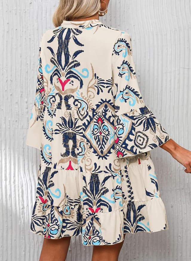 Detalle de Opemiby 2026 Flowey Ruffle Babydoll Mini Dress for Women (V-Neck, Tiered Hem, 3/4 Bell Sleeves)