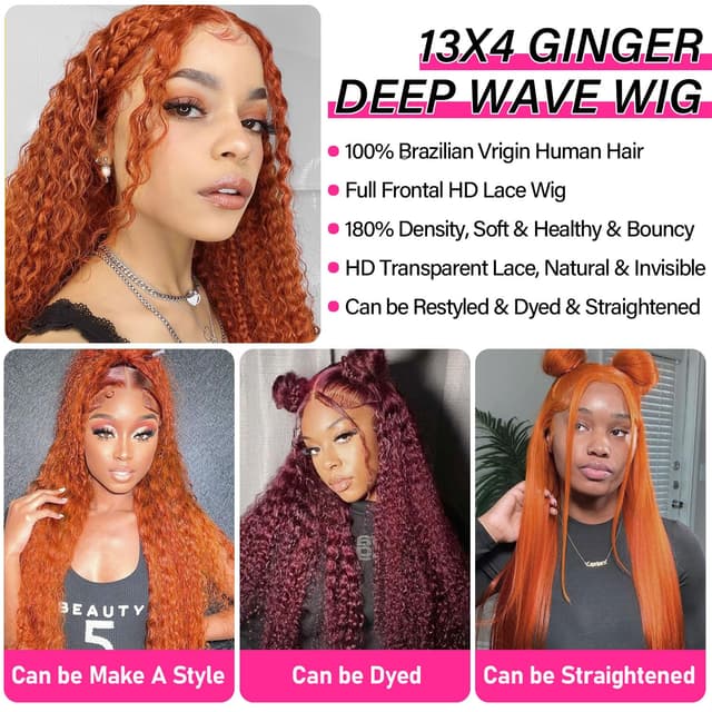 Detalle de SOEZ 26 Inch Ginger Orange Lace Front Deep Wave Human Hair Wig (13x4 HD Transparent Lace, 180% Density)