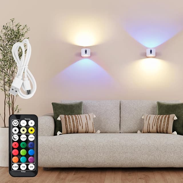 Detalle de LuminexDesigns Set 2 applique LED da parete senza fili con telecomando, touch e ricarica USB-C
