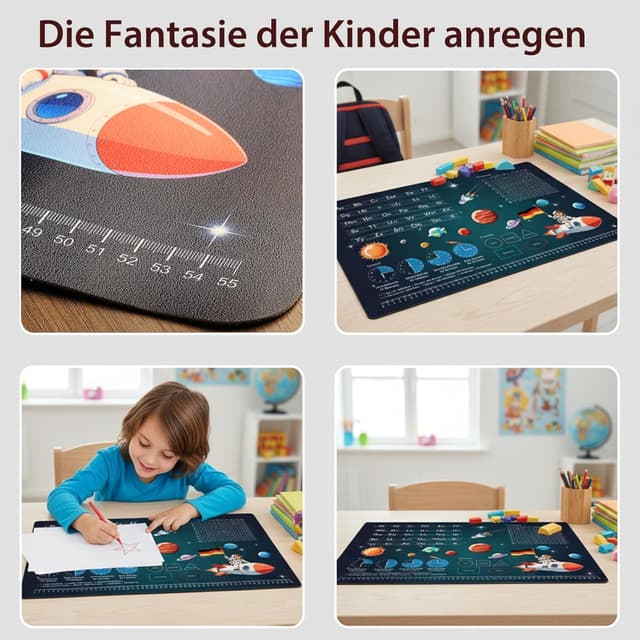 Detalle de FONCOOD Schreibtischunterlage Kinder 60x40 cm Weltraum – abwischbare Lernunterlage mit Alphabet & Einmaleins
