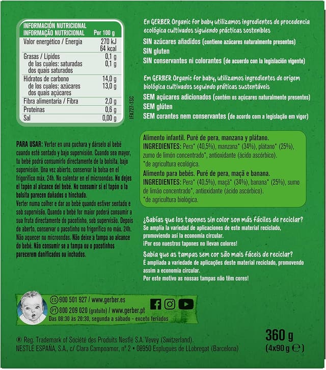Thumbnail 3 de Gerber Organic Pera, Manzana y Plátano, Bolsitas 4x90g 🍎