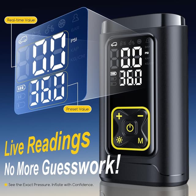 Detalle de Philoent Portable Tire Inflator (150PSI) with Digital Gauge, LED Light, and Auto Shut-Off