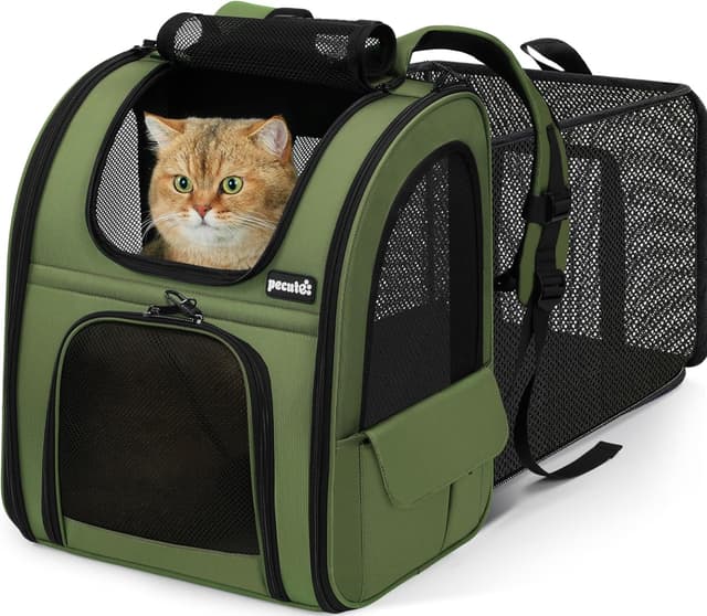 Detalle de Pecute Haustier Expansions Rucksack für Hund & Katze (erweiterbar, Front Opening, Mesh-Fenster) – dunkelgrün