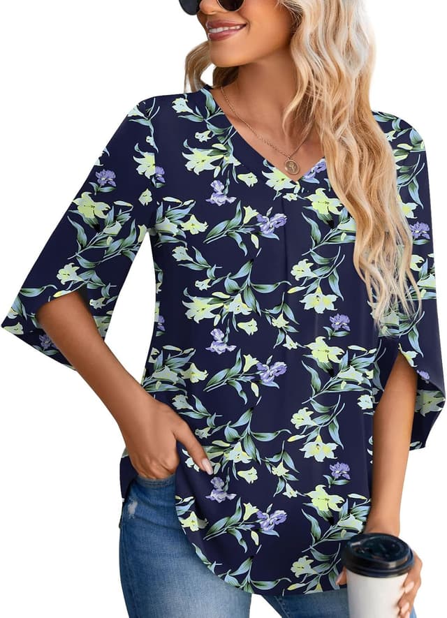 Thumbnail 6 de Aodemo women’s chiffon blouse V-neck tunic with 3/4 sleeves (loose office-to-casual top)