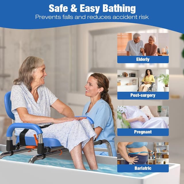 Detalle 2 de Chaise de douche pivotante 360° et coulissante pour baignoire, charge max 204 kg, hauteur réglable (bleu foncé)