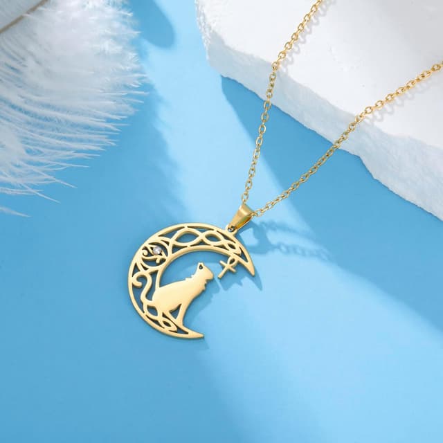 Detalle 2 de VASSAGO Ägyptische Ankh-Halskette aus Edelstahl mit Bastet-Katze und Auge des Horus-Anhänger