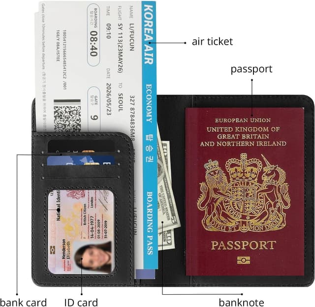 Detalle de Cinocratic RFID Blocking PU Leather Passport Holder – Black travel wallet for passports, cards & tickets