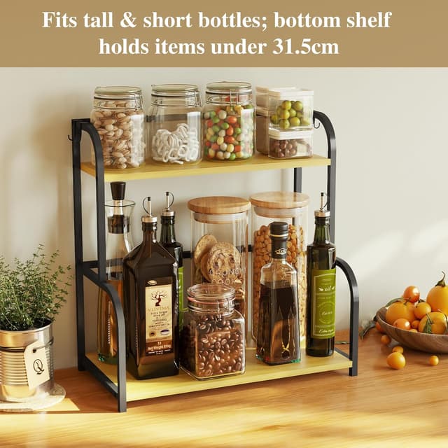 Detalle 1 de Kitchen Shelf Organiser Coffee Station – 2-Tier Black Wooden Countertop Spice Rack Storage Unit