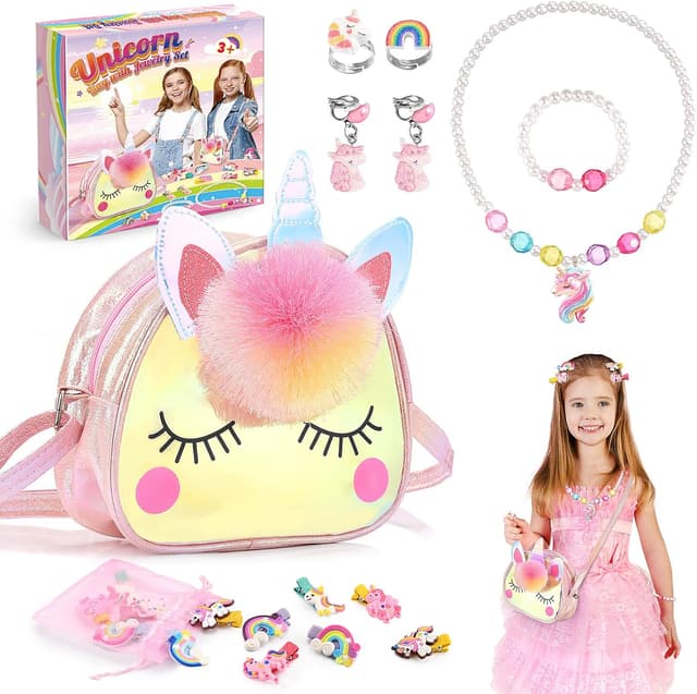 Detalle de Qukir unicorn kids jewellery set with crossbody unicorn bag (ages 2–12)