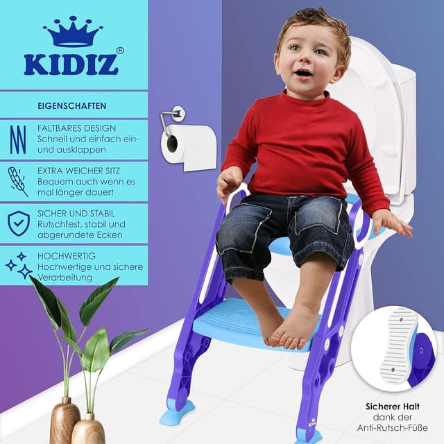 Detalle 2 de KIDIZ Kinder-Toilettensitz Toilettentrainer mit Treppe, Griffe, faltbar & höhenverstellbar (blau)