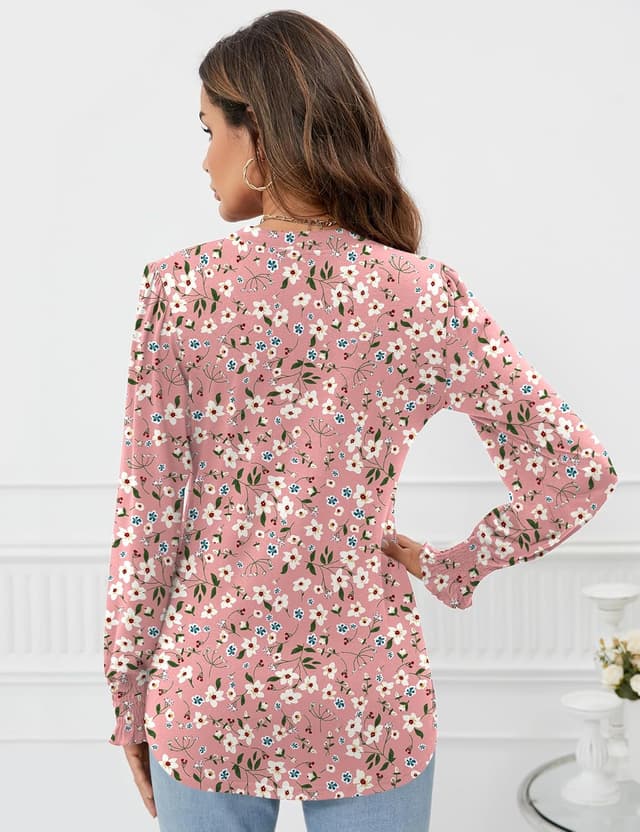 Detalle de Rapbin Women’s V-Neck Puff Long Sleeve Top with Pearl Buttons & Pleated Cuffs