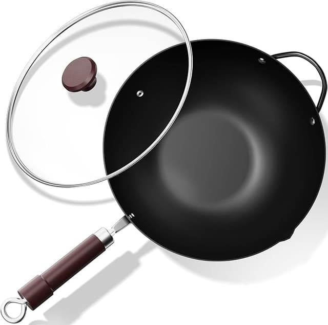 Imagen de Jobin Wok de Acero al Carbono 32cm con Tapa y Asas de Madera en OfertitasTOP