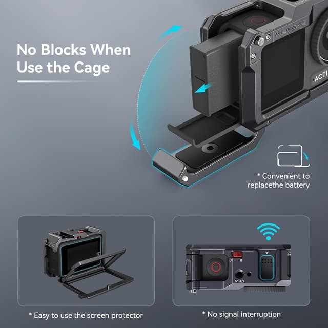 Detalle de SMALLRIG Cage pour DJI Action 4/3 et DJI Mic 4119C : protection et montage polyvalent