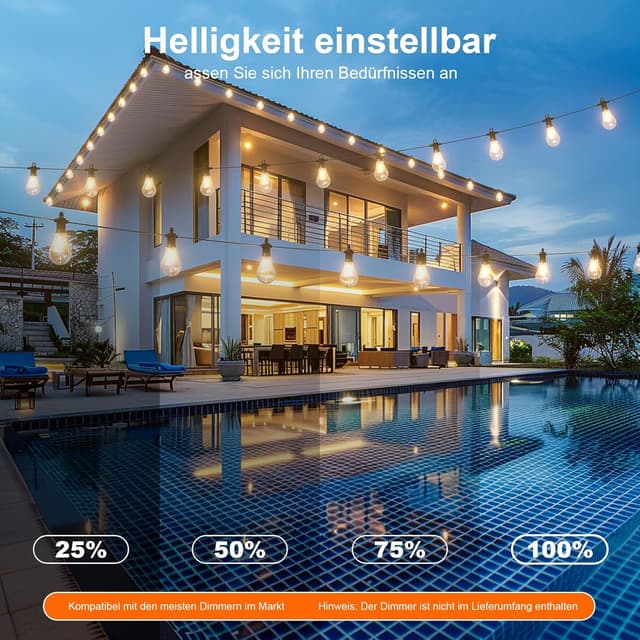 Detalle de Kawaya LED-Lichterkette für außen IP65, 15 m mit dimmbaren A45 Glühbirnen (2700 K) und 25+2 Leuchtmitteln