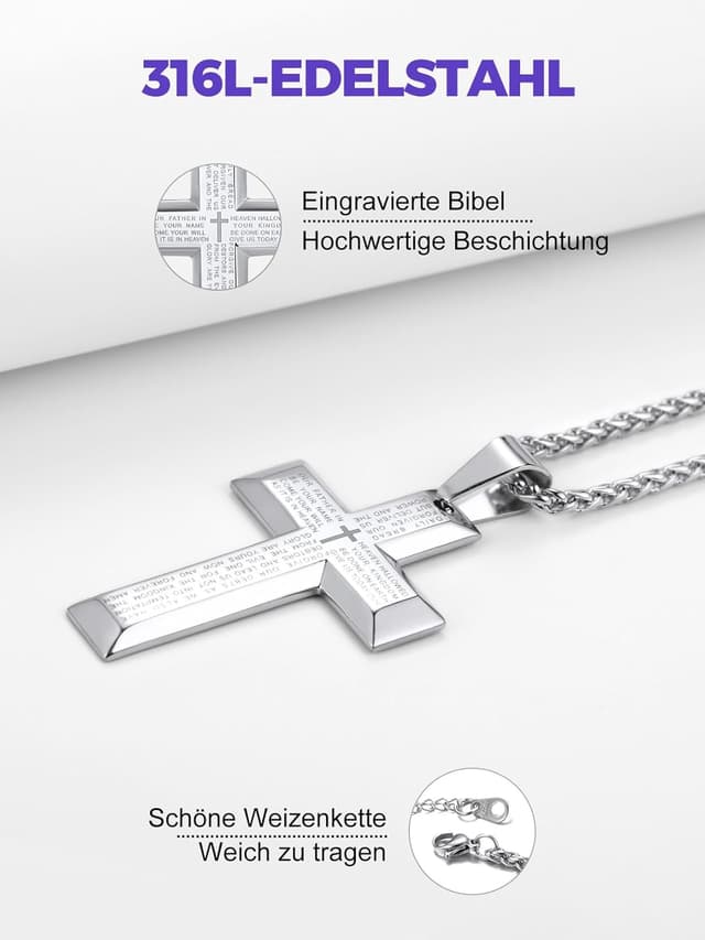 Detalle 2 de Richsteel Kreuzkette Halskette Herren (Edelstahl, Silber/Gold/Schwarz) verstellbar 55+5 cm, personalisierbar