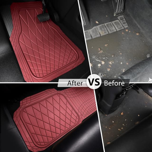Detalle de CAR PASS Heavy Duty Rubber Car Floor Mats (3-Piece) — Waterproof Universal Trim-to-Fit All-Weather in Burgundy Red