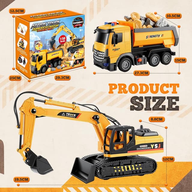 Detalle de EUTOYZ construction toy car set with excavator and dump truck (with music & lights) for ages 2–7