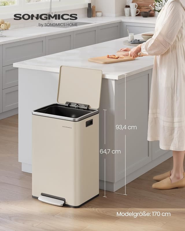 Detalle 2 de SONGMICS Mülleimer 50 L LTB595A02 aus Stahl – mit herausnehmbaren Inneneimer, Deckel & Soft-Close
