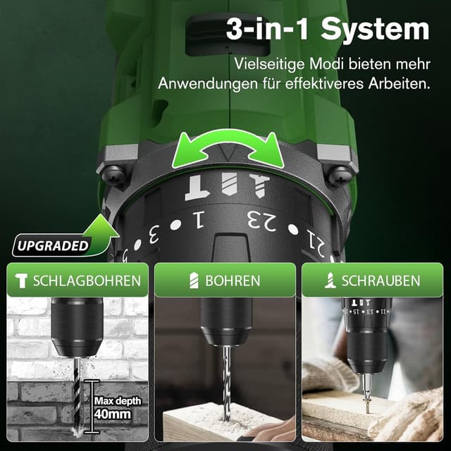 Detalle de Ginour 21V Bürstenloser Akku-Schlagbohrschrauber-Set (50 Nm) mit 2×2Ah Akkus, 10-mm-Schnellspannfutter, 47-teiligem Zubehör & Koffer