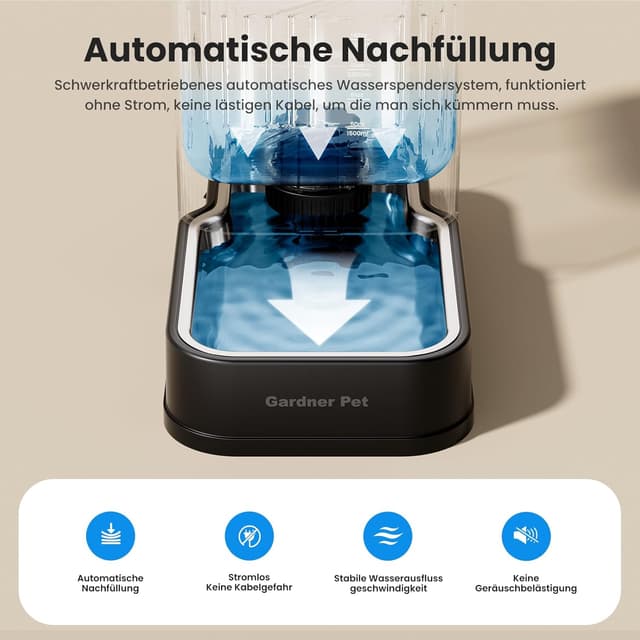 Detalle de Gardner Pet automatischer Wasserspender mit 6,5 l Schwerkraft-Futterbrunnen – ohne Strom, Edelstahl-Schüssel