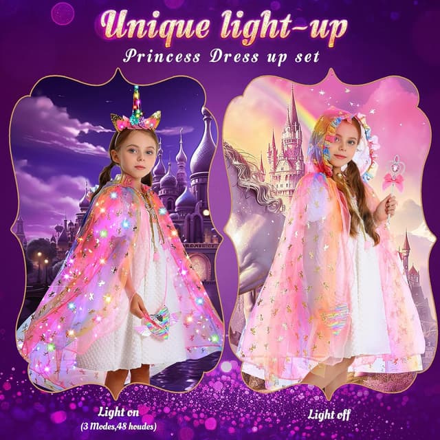 Detalle de Fedio Princess Unicorn Light-Up Dress Up Cape Set for Girls (Ages 3–8)
