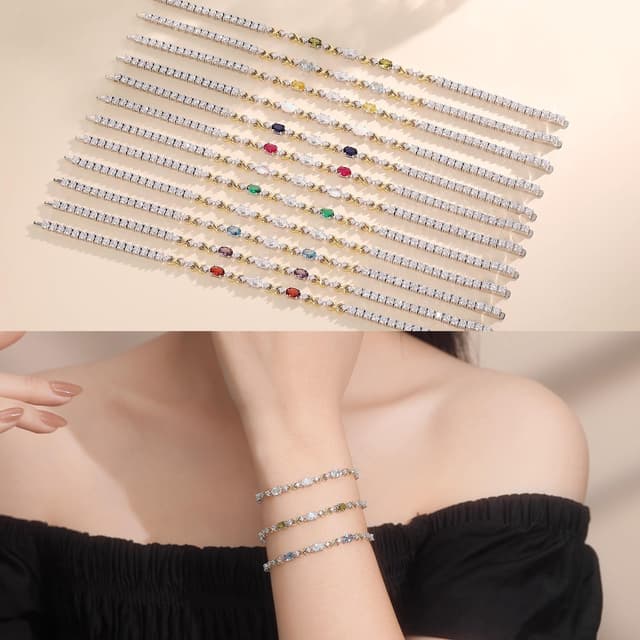 Detalle de FANCIME Silber Tennisarmband für Damen mit doppeltem Geburtsstein (925 Sterling Silber) – Länge 18,7 cm