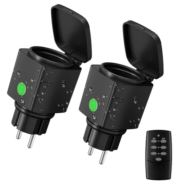 Detalle de HBN Funksteckdosen-Set mit Fernbedienung für außen (IP44) – 2er Set, 3.680 W, schwarz