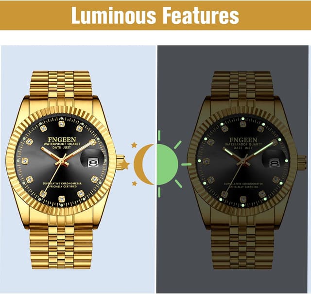 Detalle 2 de Avaner Herren Uhr Golden Armbanduhr mit Strasssteinen, leuchtenden Zeigern und Edelstahlarmband (analog, Quarz)