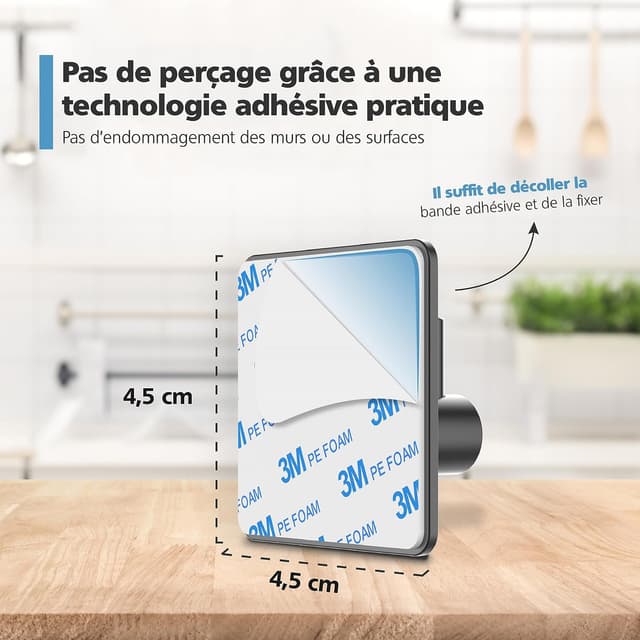 Detalle 2 de Virea lot de 4 crochets muraux auto-adhésifs sans perçage (jusqu’à 8 kg) en acier inoxydable noir
