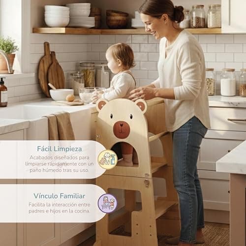 Detalle de Buddy Baby Xperimenta: torre de aprendizaje Montessori de madera maciza (2 en 1) con escritorio y taburete