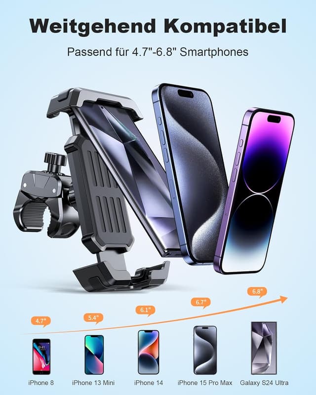 Detalle 2 de CIRYCASE Handyhalterung Fahrrad: 360° drehbar, Anti-Vibration & werkzeuglose Lenkerklemme für 4,7–6,8 Zoll