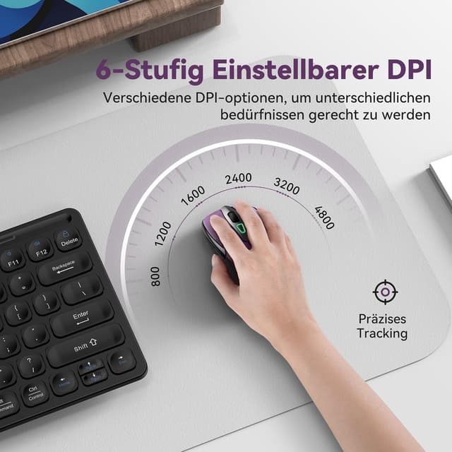 Detalle de TechRise Bluetooth Maus (BT 5.0/3.0 + 2.4G) mit USB-A Empfänger, 4800 DPI, lila – wiederaufladbar, leise