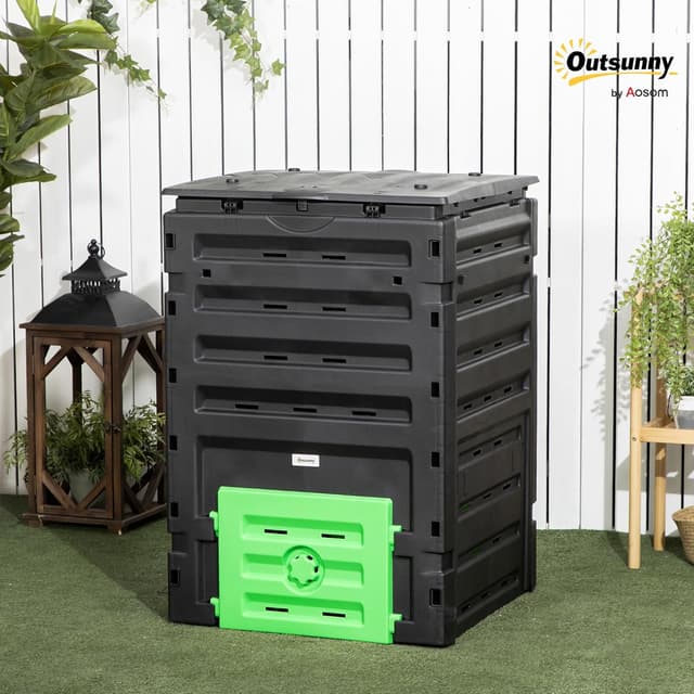 Detalle de Outsunny Composteur de jardin 450 L en polypropylène noir – 80 aérations et 2 portes coulissantes