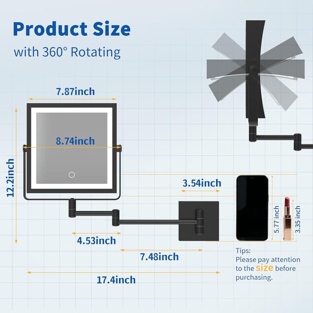 Thumbnail 6 de Ruacq Rechargeable Wall Mounted Makeup Mirror with Lights (1X/10X, 3-Color Dimmable, 360° Arm)