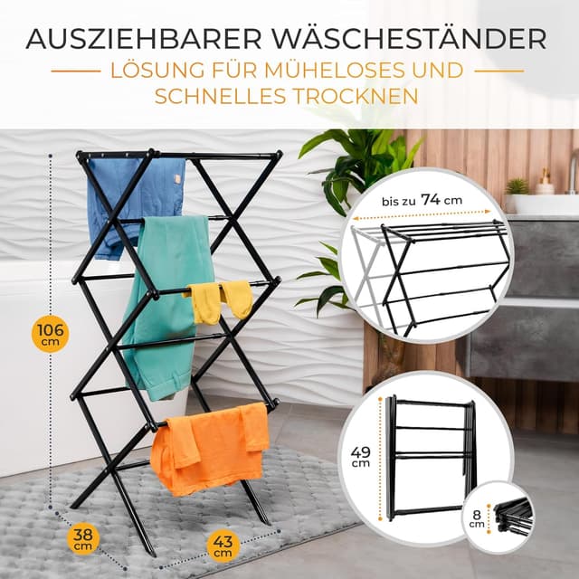 Detalle de TIMELEOS Wäscheständer klein klappbar (6 Ebenen, 11 Stangen) für Badewanne, Balkon, Tür & Dusche