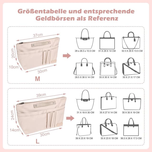 Detalle de Taschen Organizer für Longchamp Le Pliage L – Polyester, wasserdicht, mit Schlüsselbund und 15 Fächern (Beige, groß)