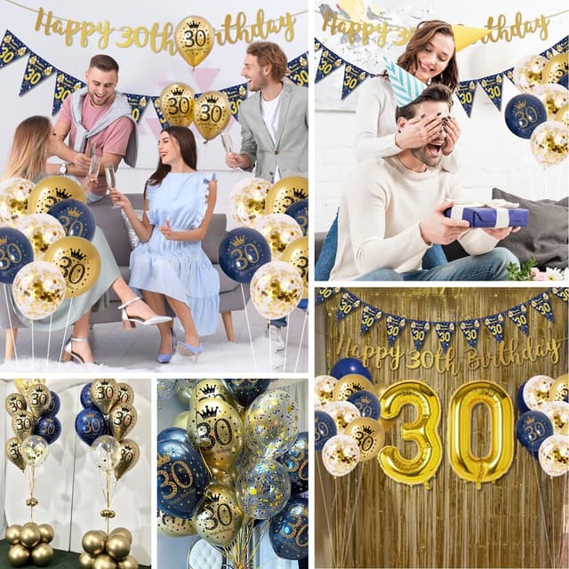 Detalle 2 de VICTERR 30th Birthday Decorations for Men (Blue & Gold) – bunting banner, foil balloons and confetti balloons