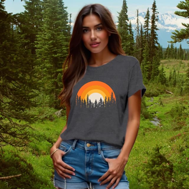 Detalle 2 de Qskall Hiking T Shirts for Women – Forest & Sunset Adventure Tee (Outdoor Camping Top)